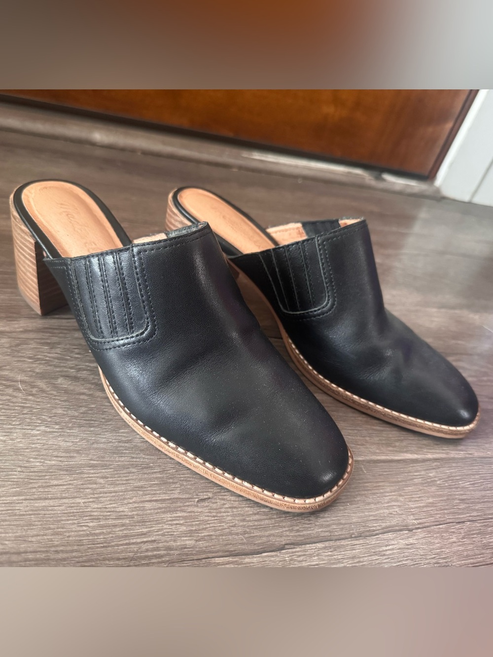 Madewell Black Leather Slip-On Mules with Wood-Tone Block Heel